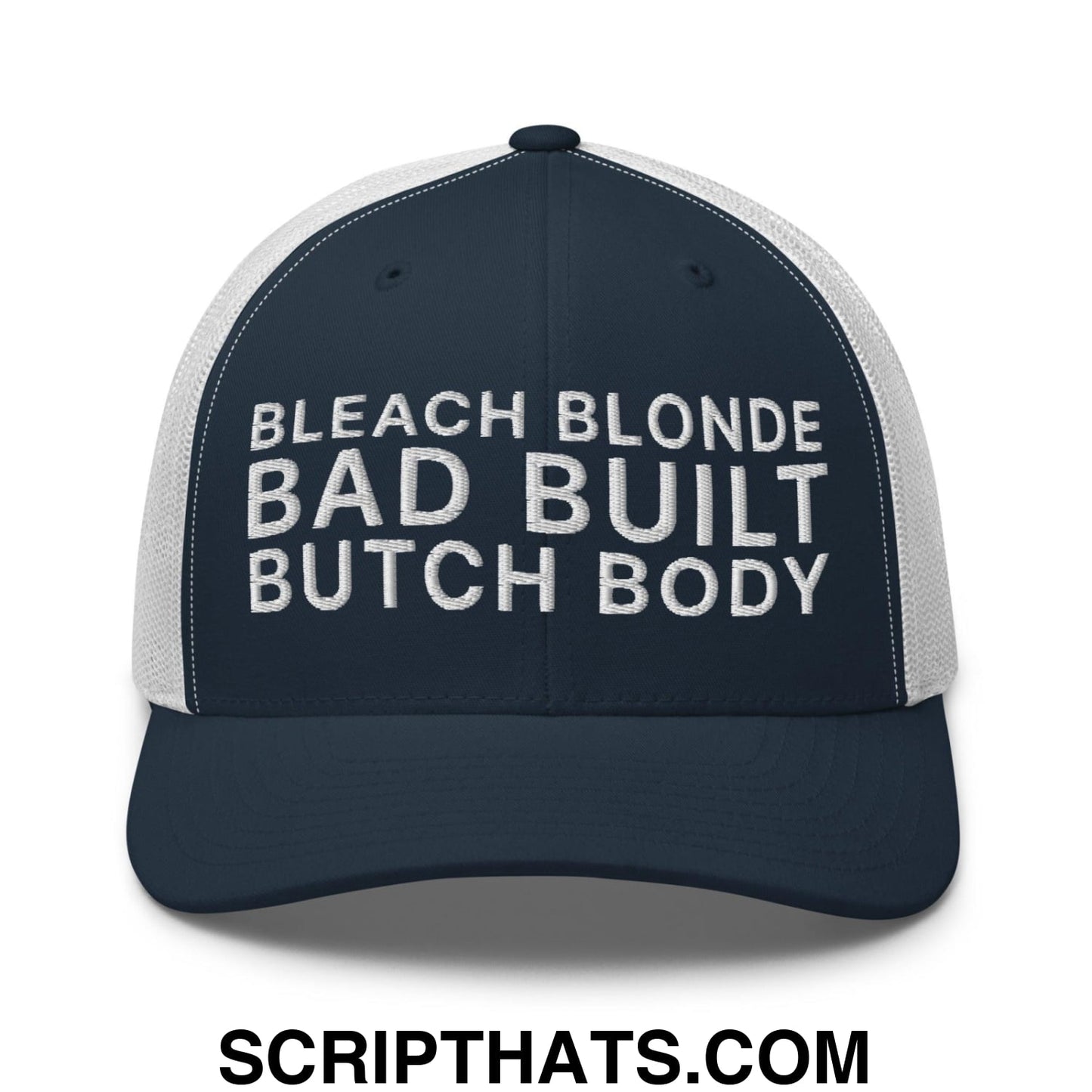 Bleach Blonde Bad Built Butch Body Dad Retro Trucker Hat Navy White