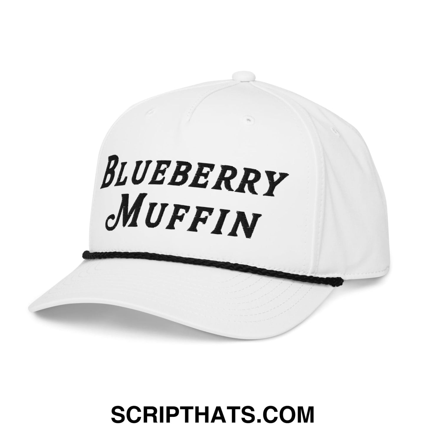 White baseball cap with black embroidered blueberry muffin text and matching black brim trim golf rope hat