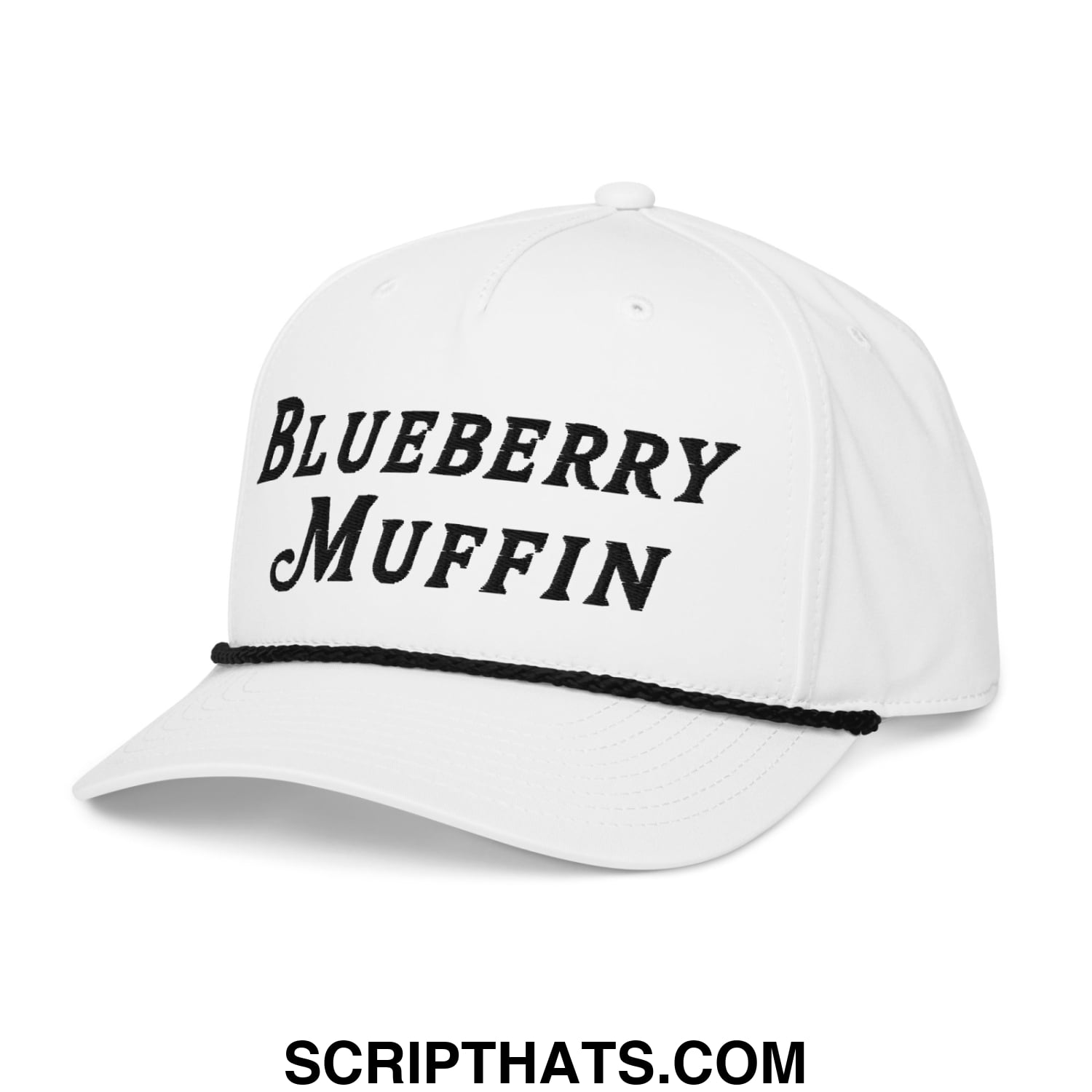 White baseball cap with black embroidered blueberry muffin text and matching black brim trim golf rope hat
