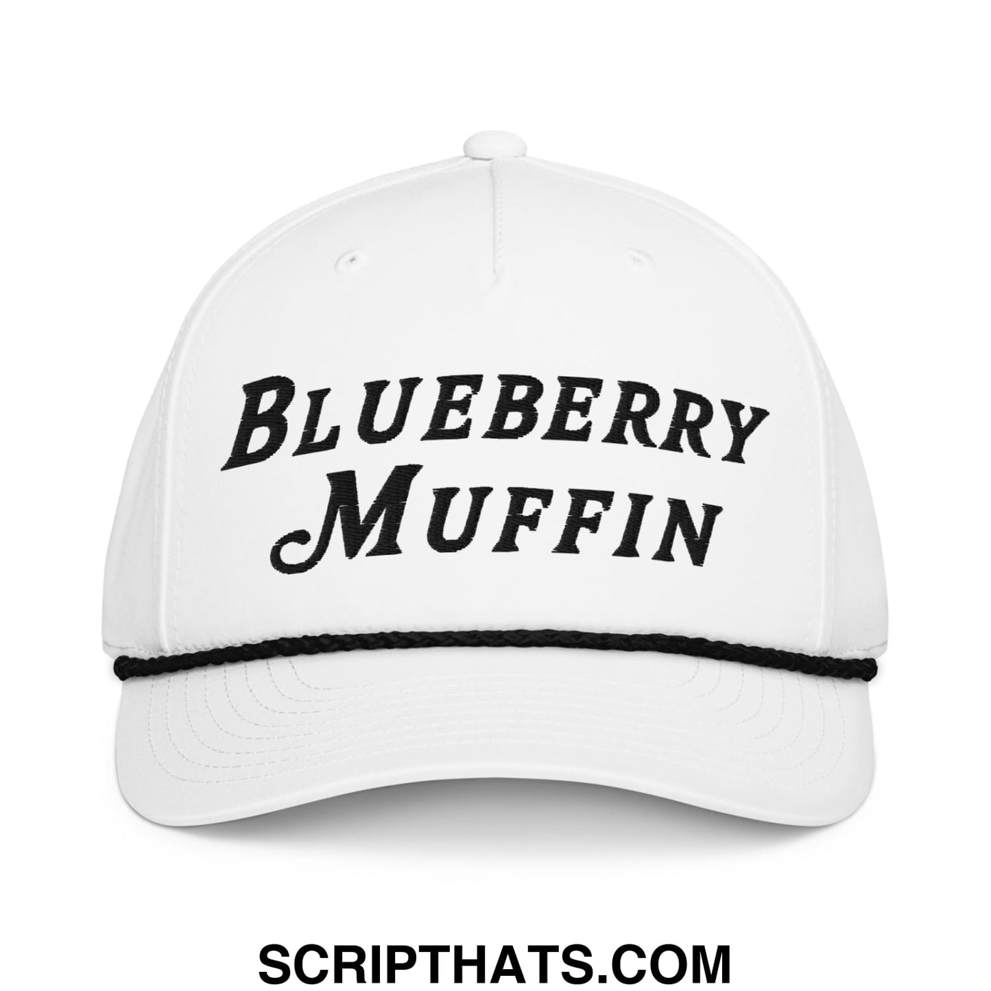 White cotton baseball cap with black embroidered blueberry muffin text and matching black stitched brim for golf