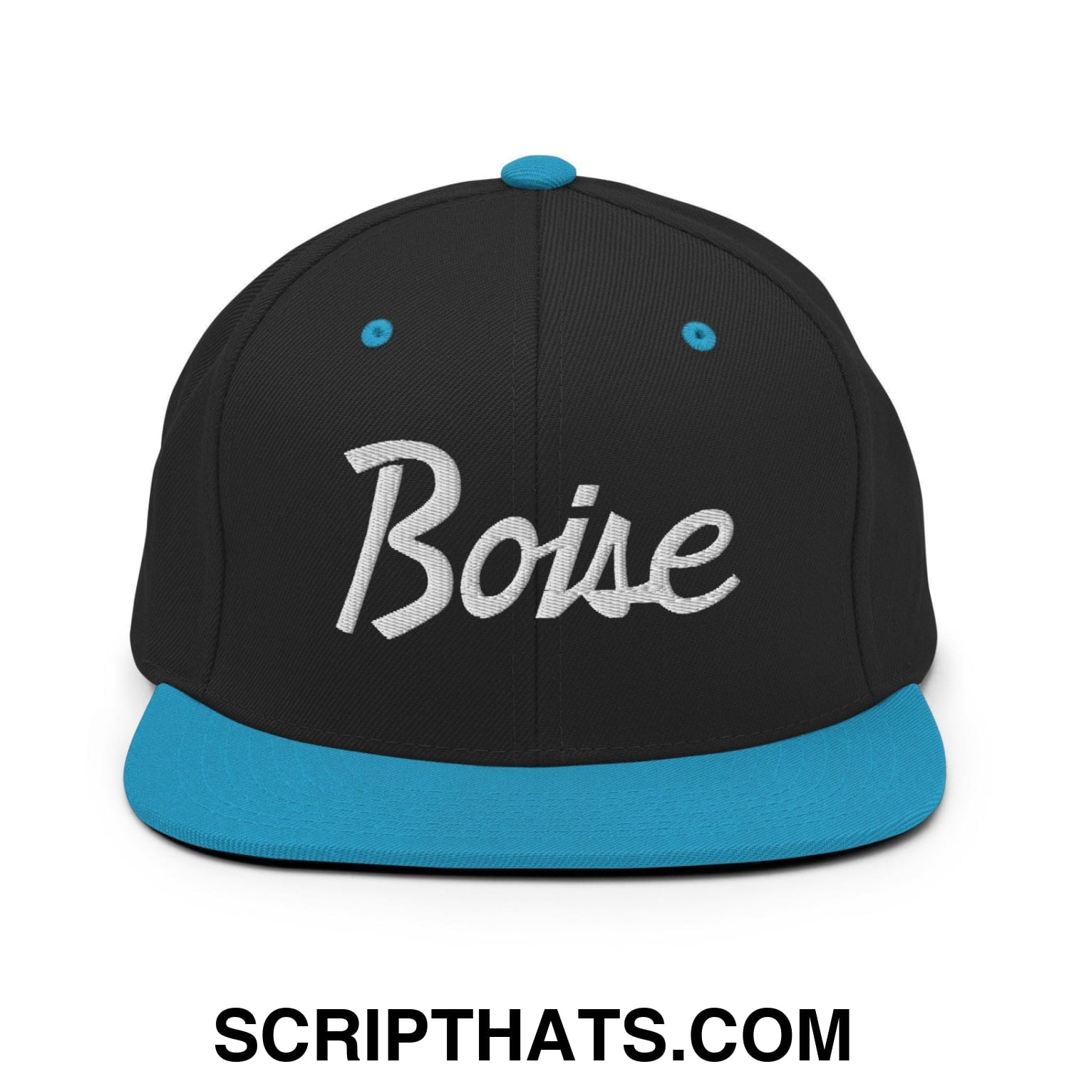 Boise Script Snapback Hat Black Teal