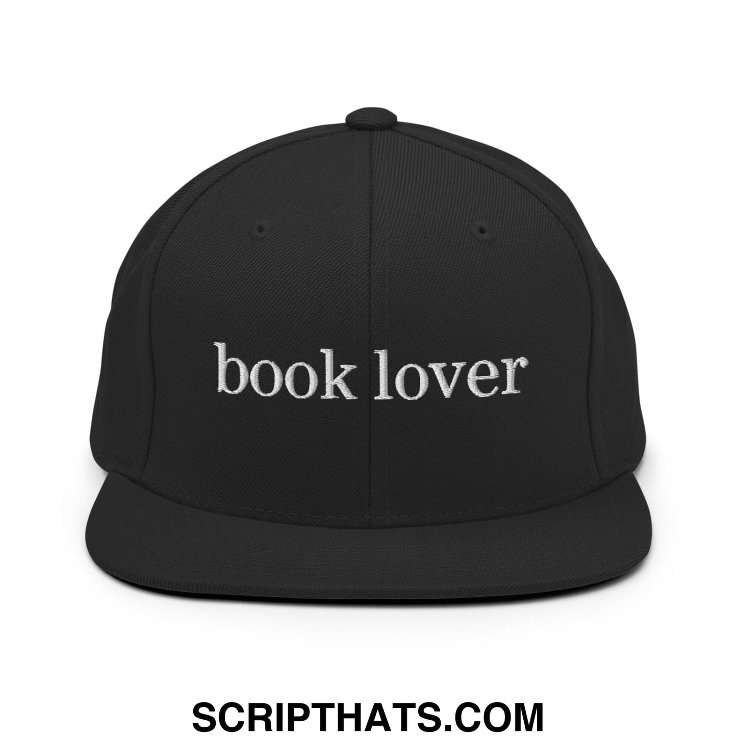 Black snapback cap with white embroidered book lover text and flat bill brim for casual wear