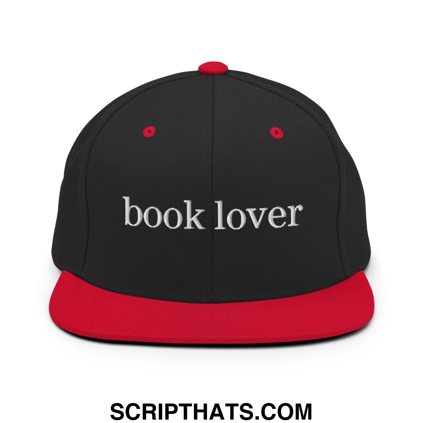 Black and red snapback hat with flat bill and white book lover embroidery on the front panel