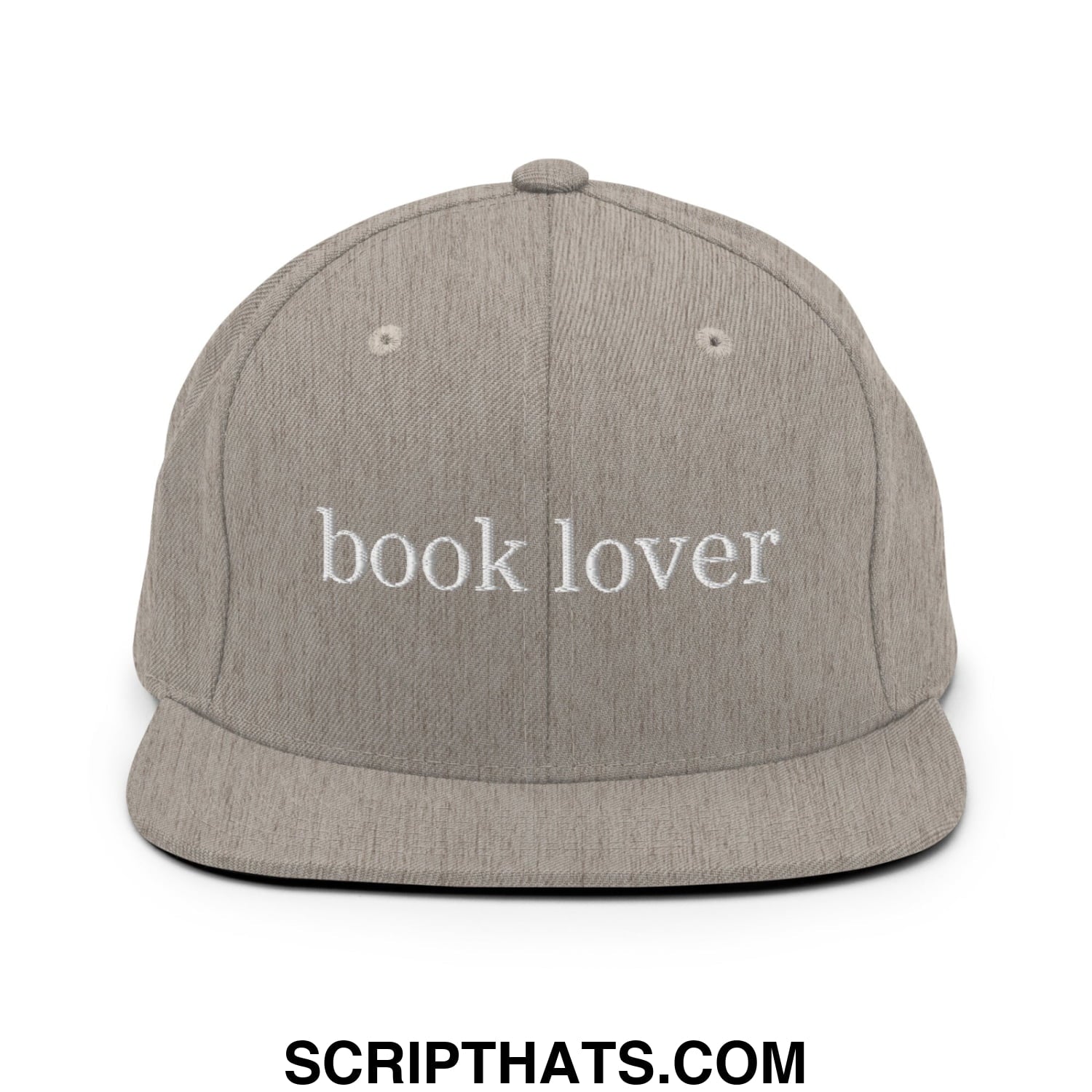 A gray snapback hat with book lover embroidered in white thread on the front, featuring a flat bill brim