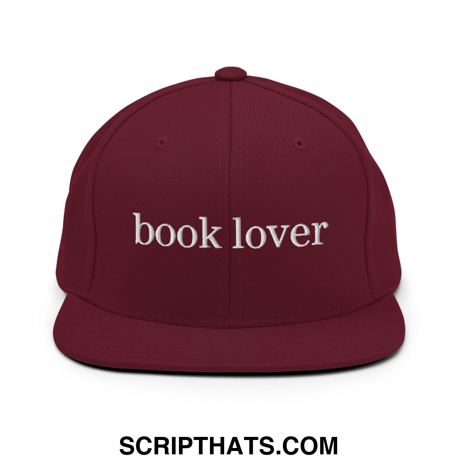 Maroon snapback cap with white embroidered book lover text and flat bill brim for casual wear