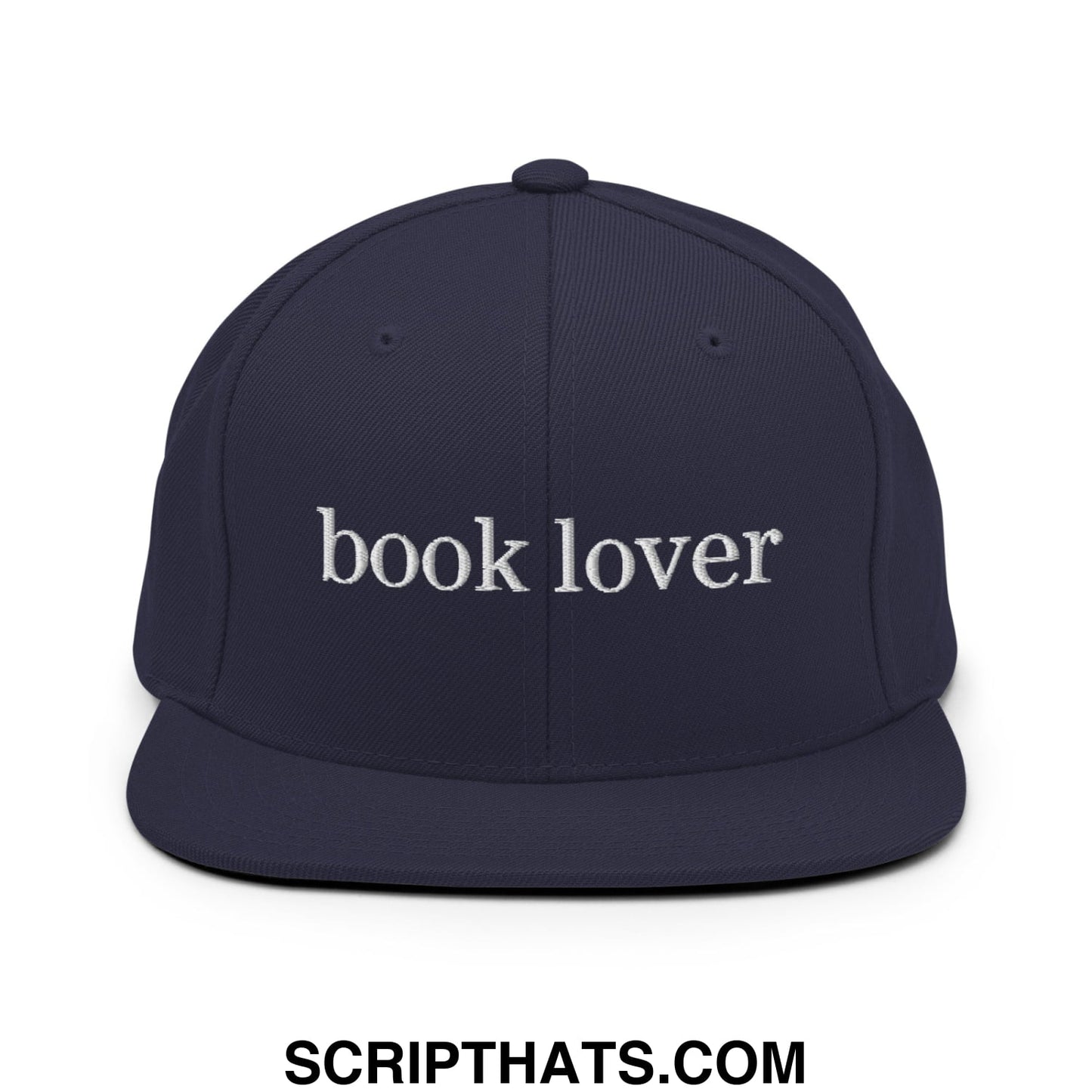 Navy blue snapback hat with white embroidered book lover text and flat bill brim for casual wear