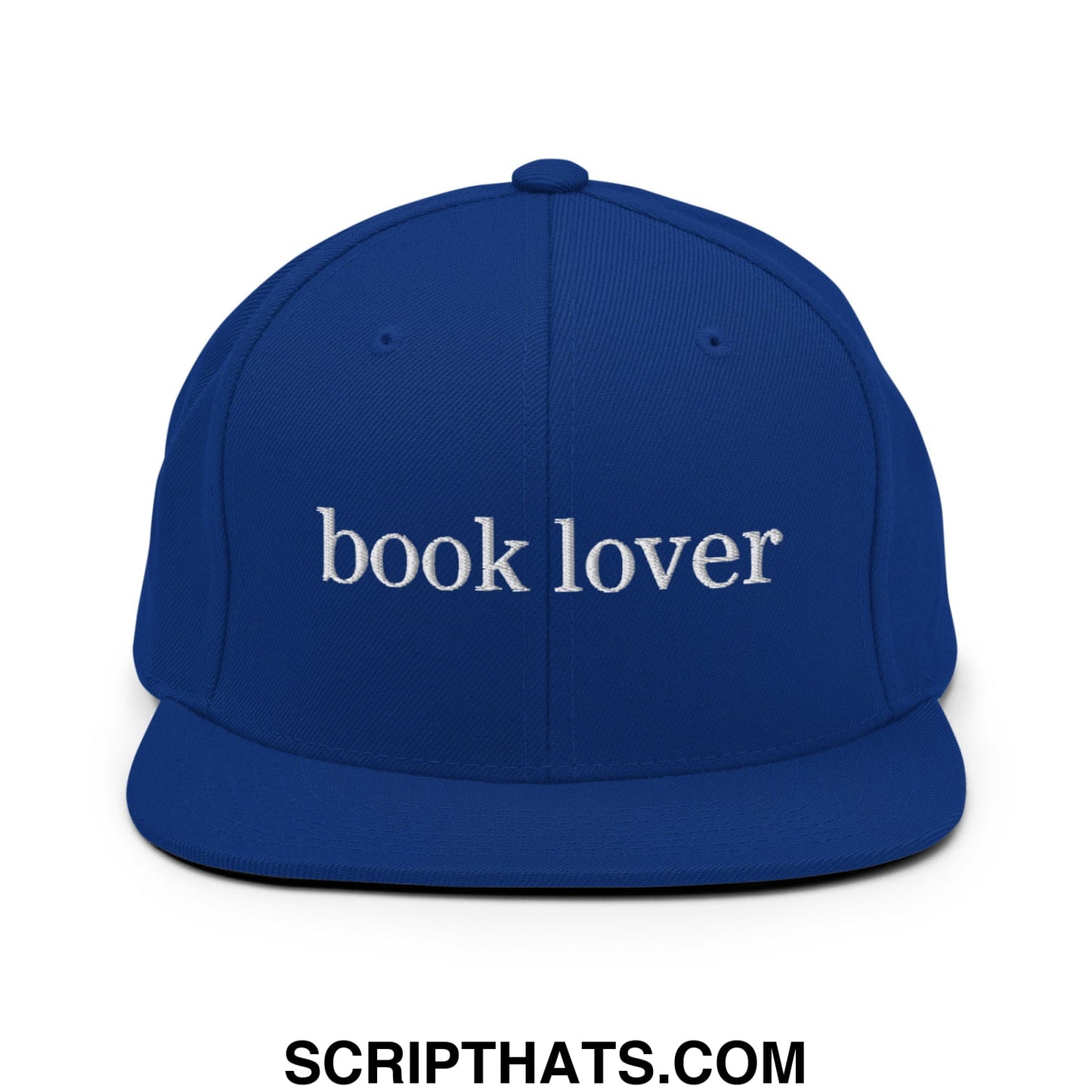 Royal blue snapback hat with white embroidered book lover text and flat bill brim for casual wear