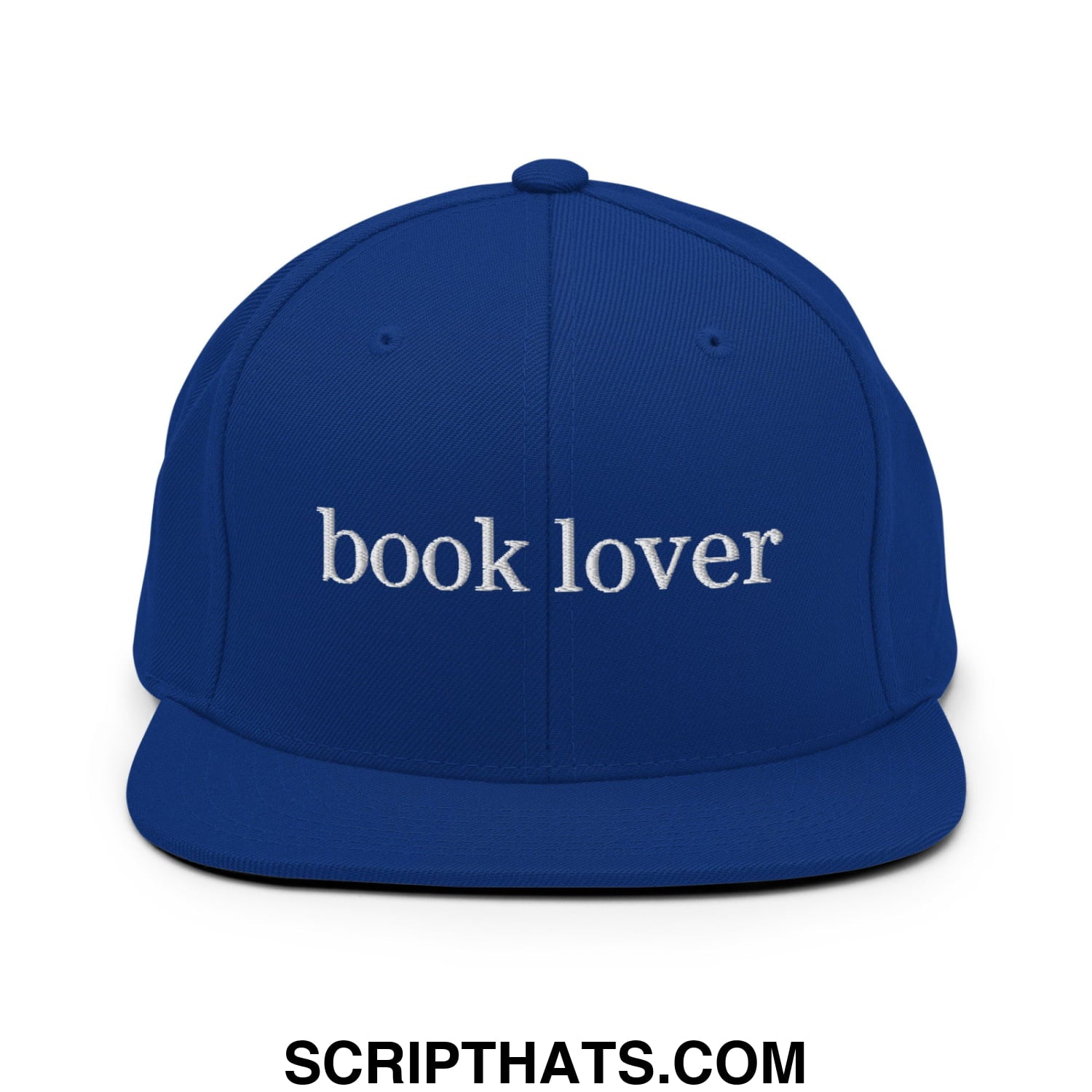 Royal blue snapback hat with white embroidered book lover text and flat bill brim for casual wear