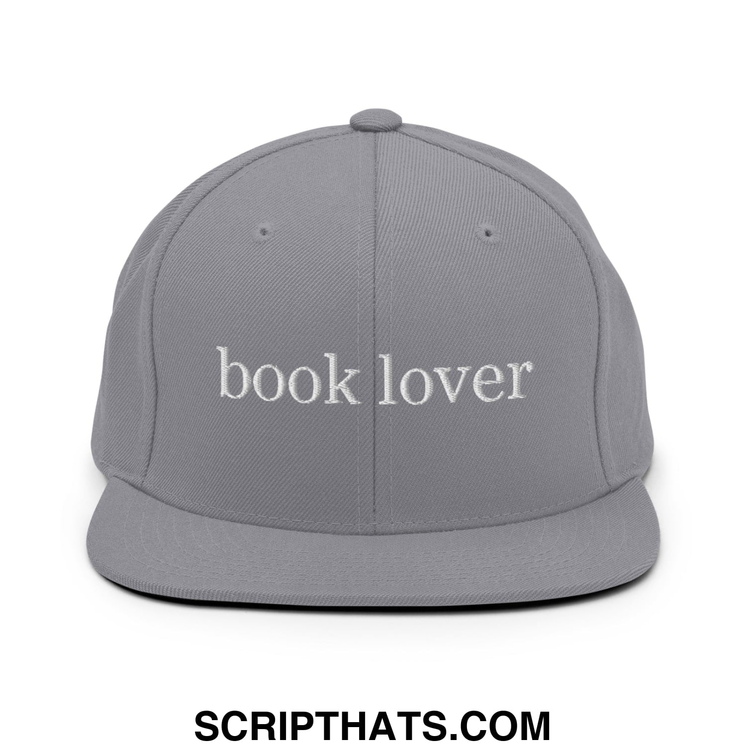 Gray snapback hat with white embroidered book lover text and flat bill brim for book enthusiasts