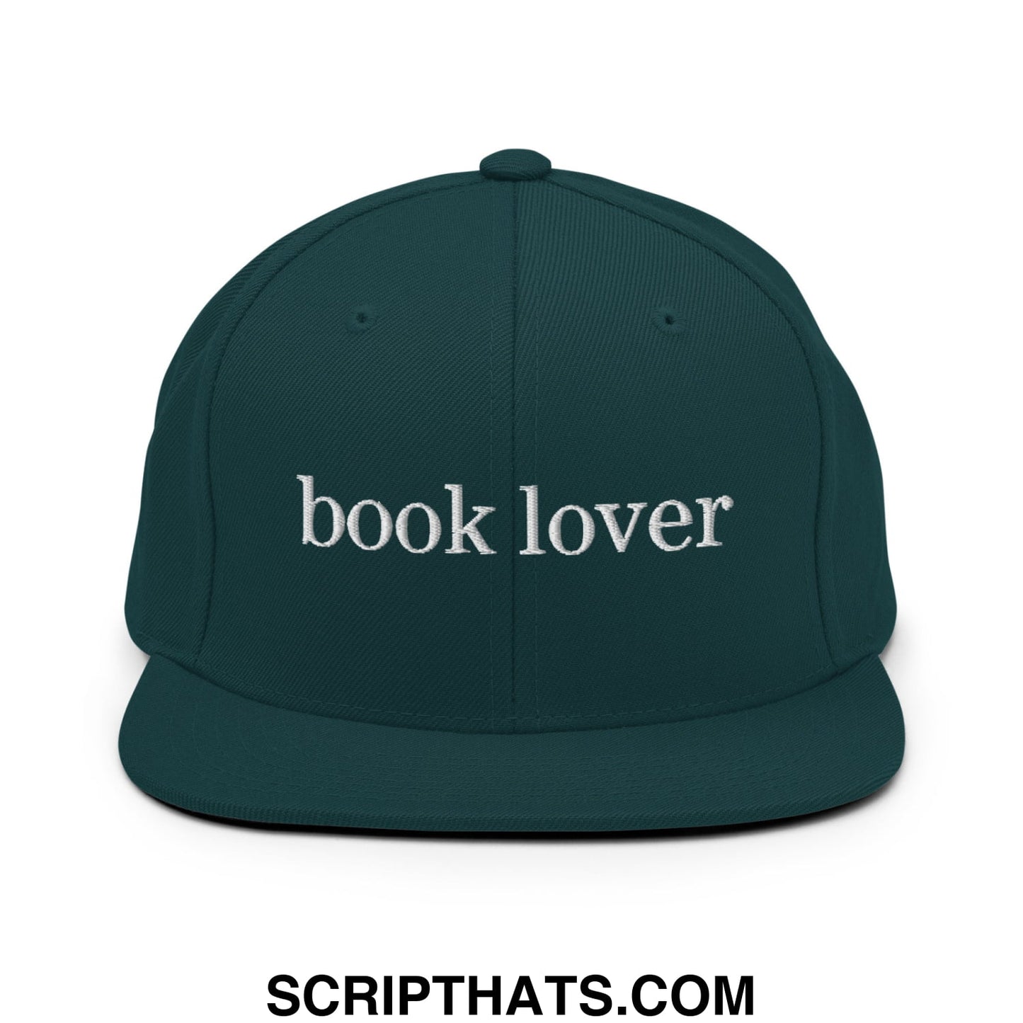 Dark green snapback cap with white embroidered book lover text featuring a flat bill brim design