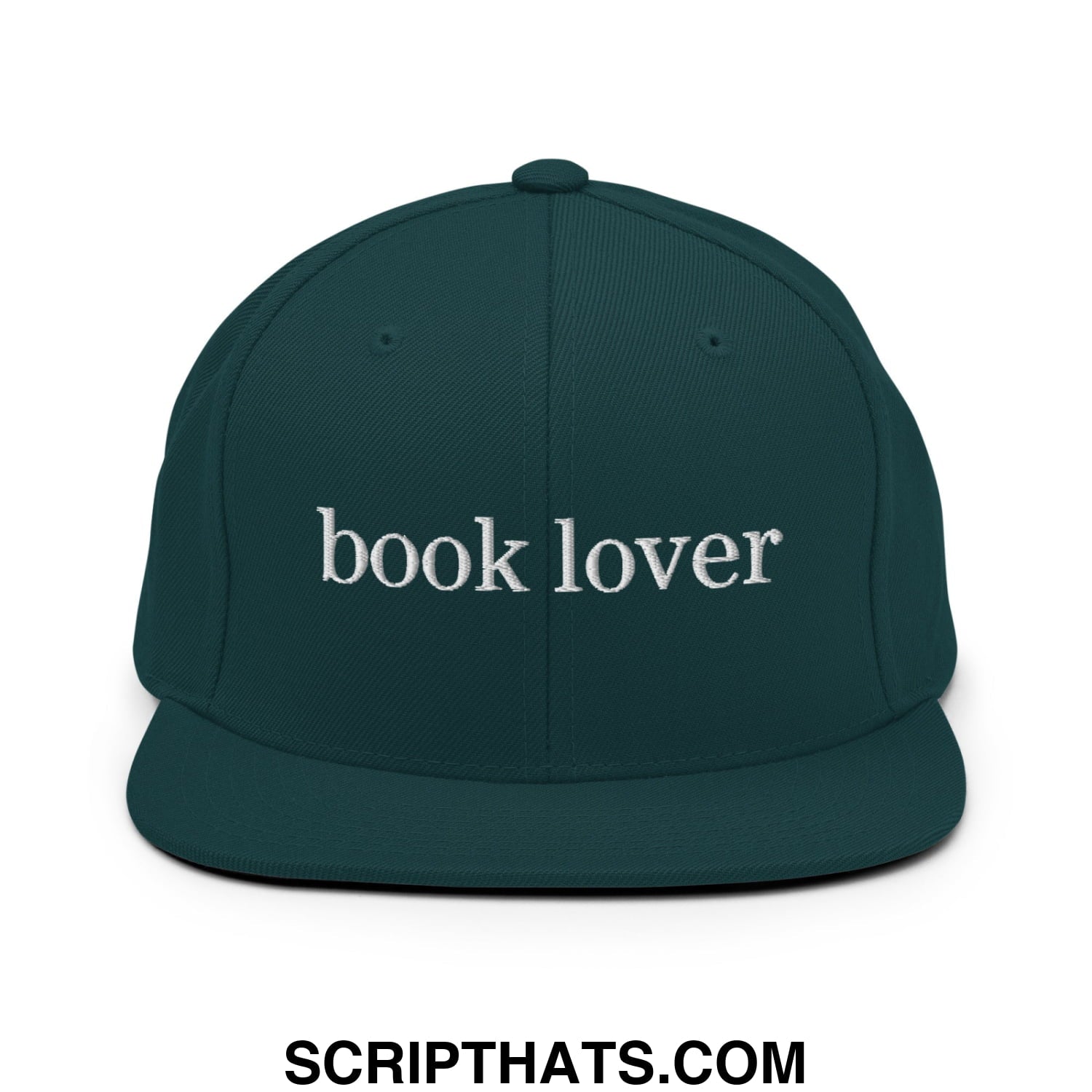 Dark green snapback cap with white embroidered book lover text featuring a flat bill brim design