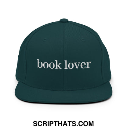 Dark green snapback cap with white embroidered book lover text featuring a flat bill brim design