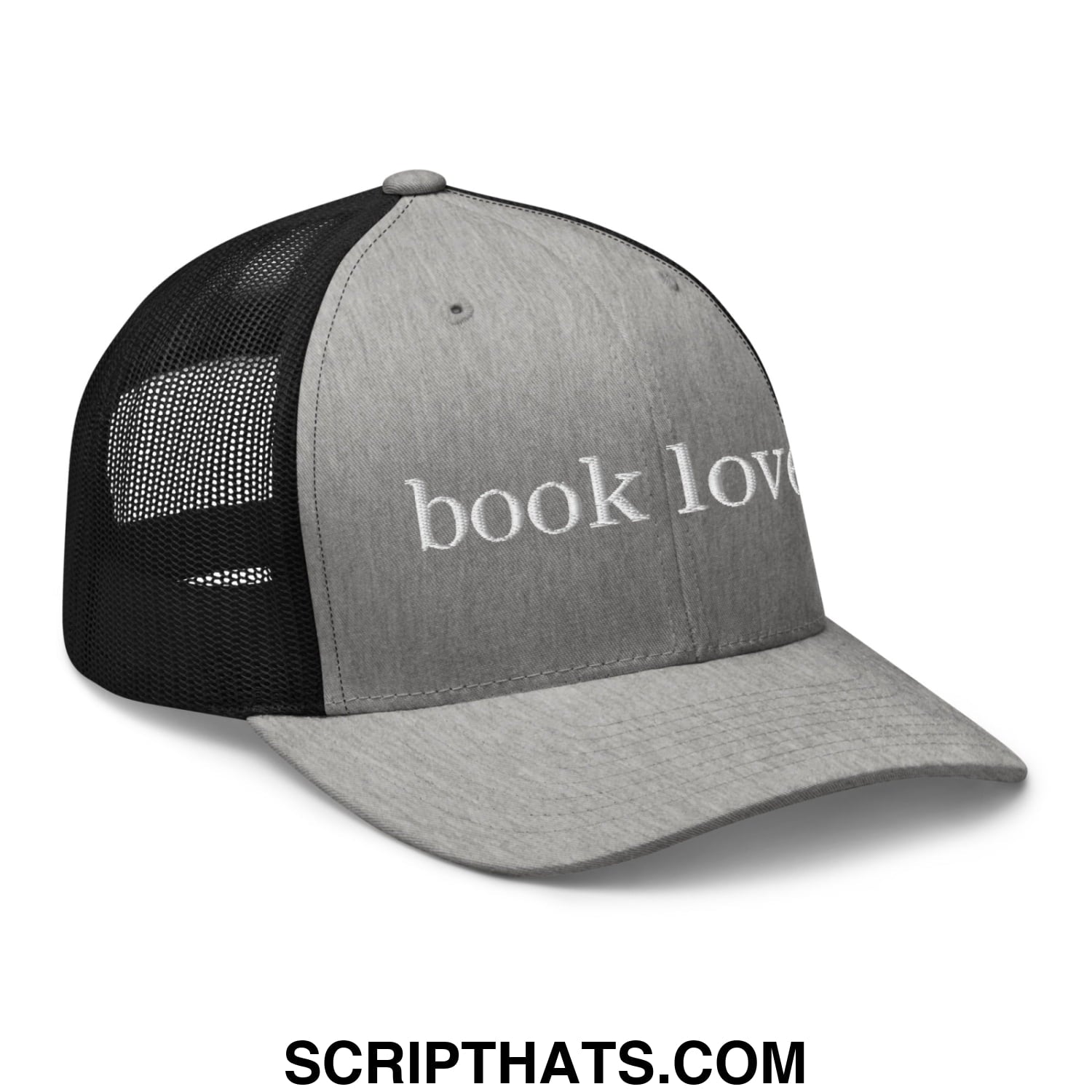 Gray and black mesh trucker hat with book love embroidered in white on the front for book lovers