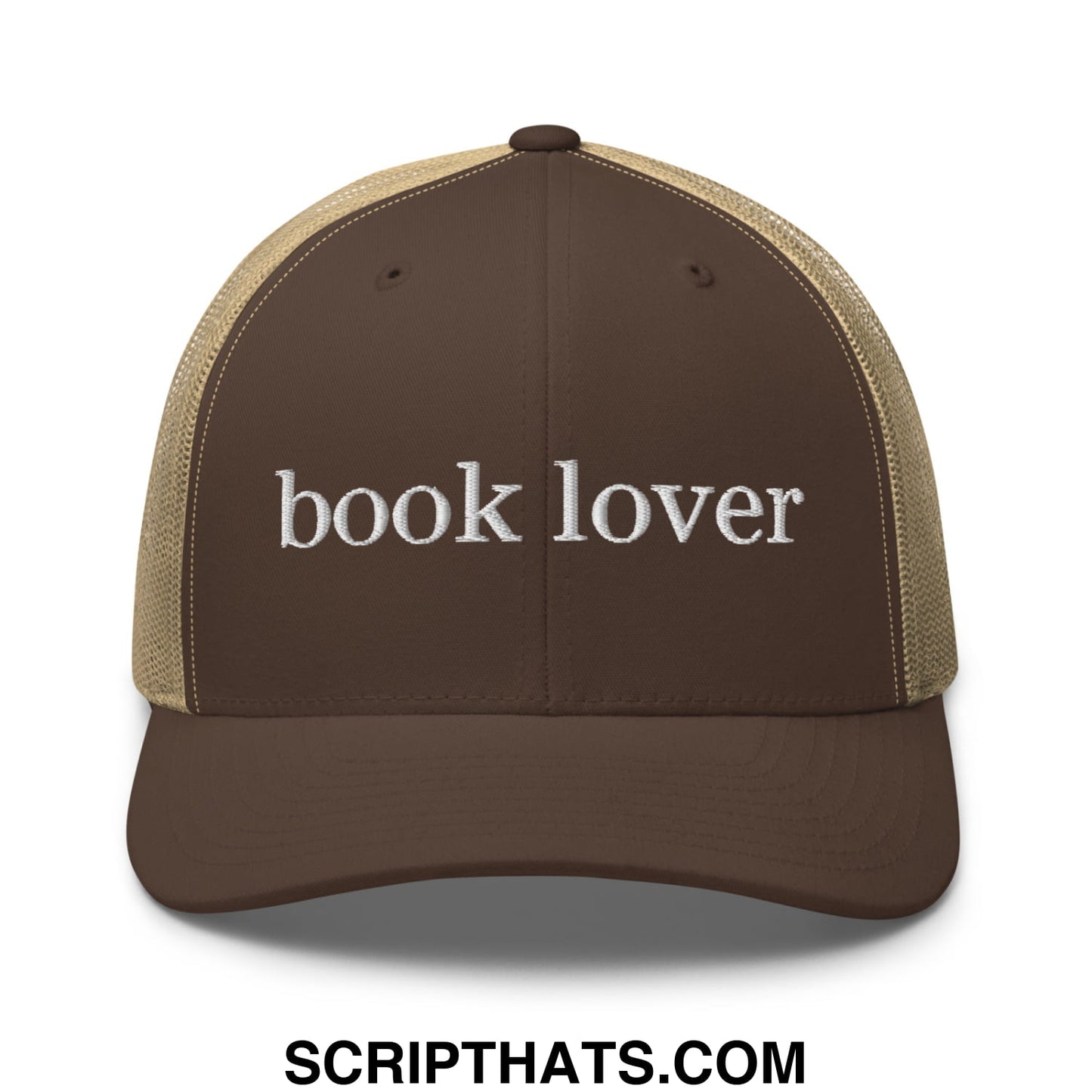Brown and tan mesh trucker hat with book lover embroidered in white perfect for book lovers