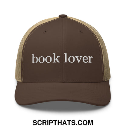 Brown and tan mesh trucker hat with book lover embroidered in white perfect for book lovers