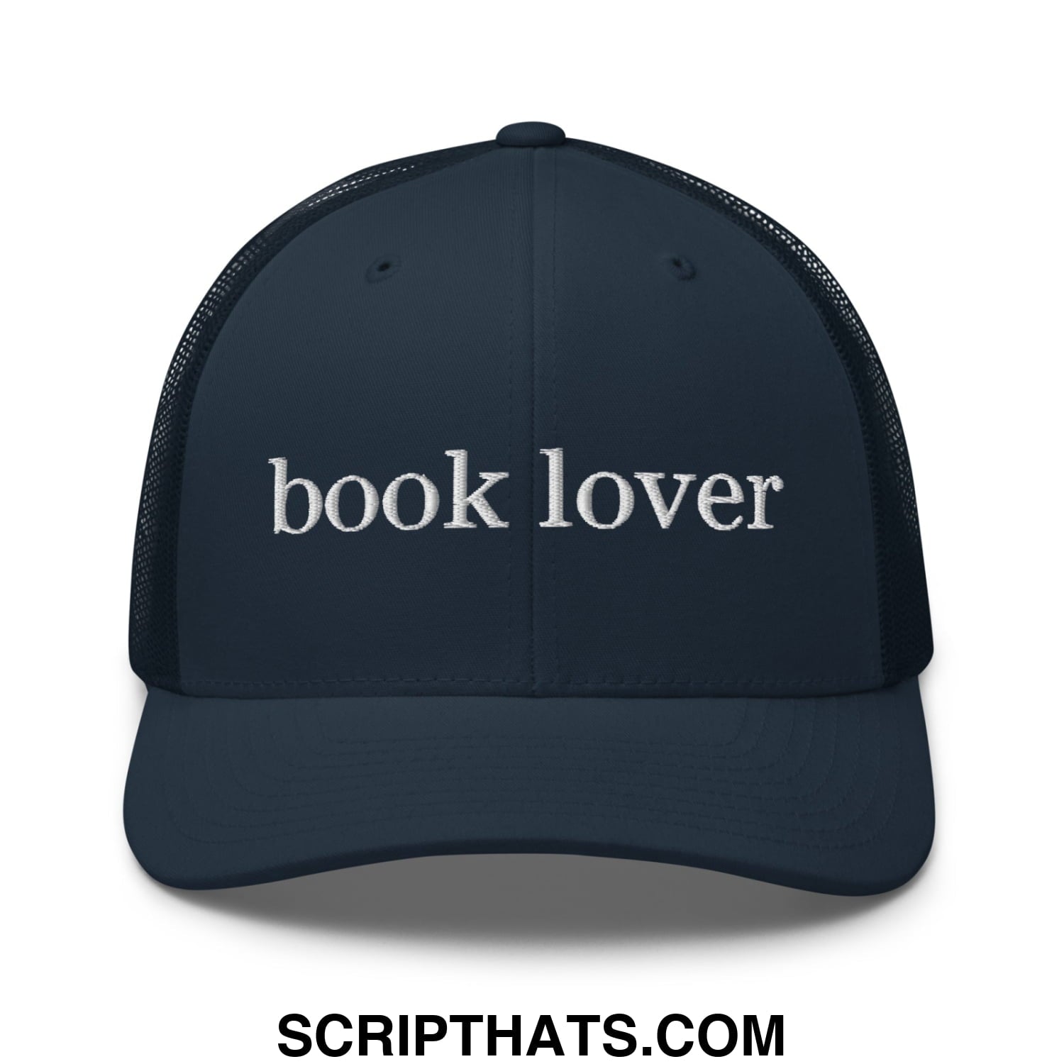 Navy blue mesh trucker hat with white embroidered book lover text on front perfect for book lovers