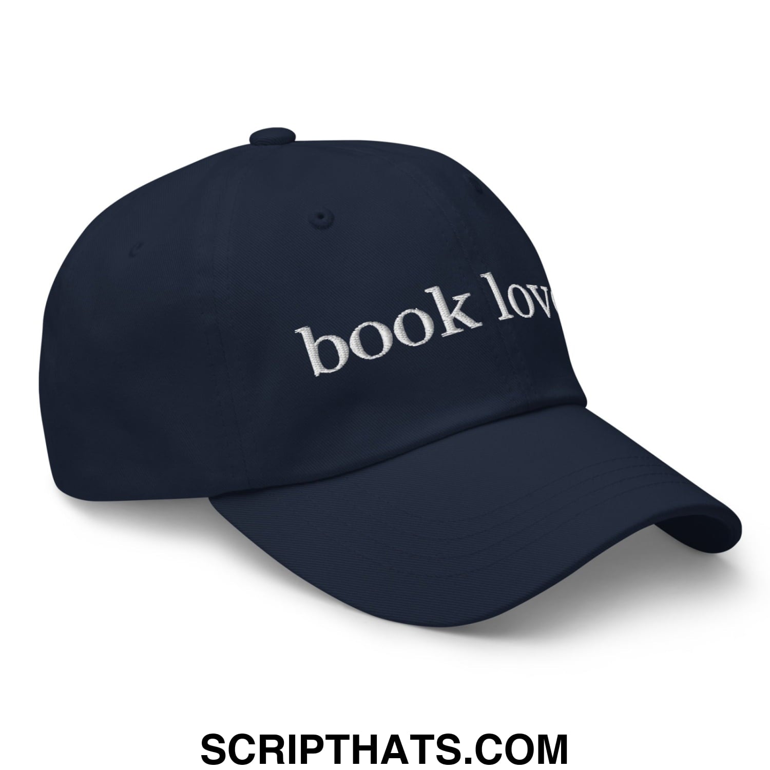 Navy blue unstructured dad hat with white embroidered book love text perfect for book lovers and casual wear