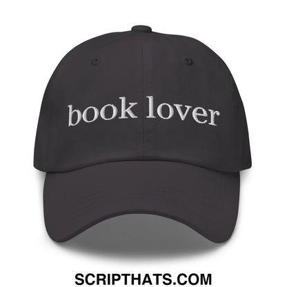 Black unstructured dad hat with white embroidered book lover text perfect for casual reading enthusiasts
