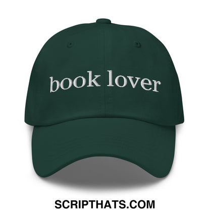 Dark green unstructured dad hat with white embroidered book lover text perfect for casual wear