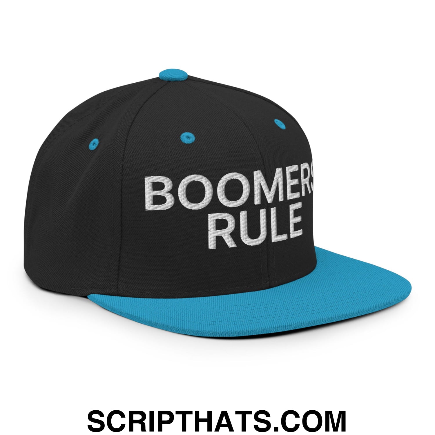 Boomers Rule Embroidered Flat Bill Brim Snapback Hat Black Teal