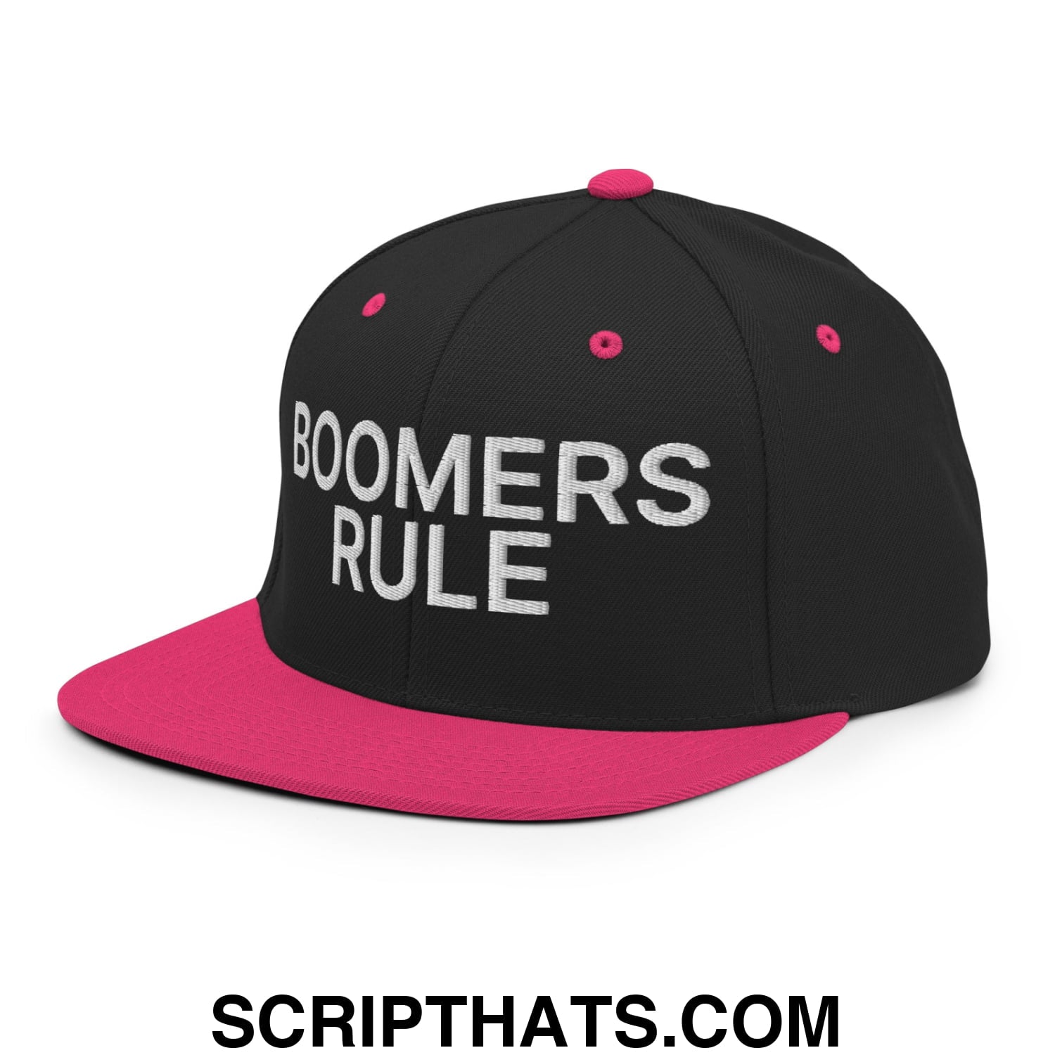 Boomers Rule Embroidered Flat Bill Brim Snapback Hat Black Neon Pink