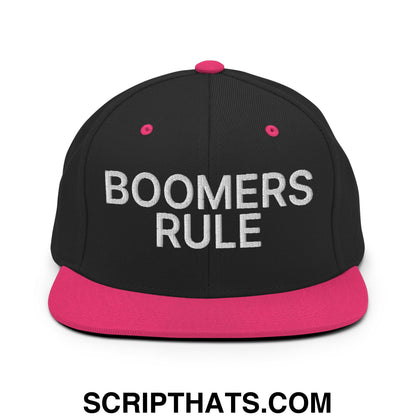 Boomers Rule Embroidered Flat Bill Brim Snapback Hat Black Neon Pink