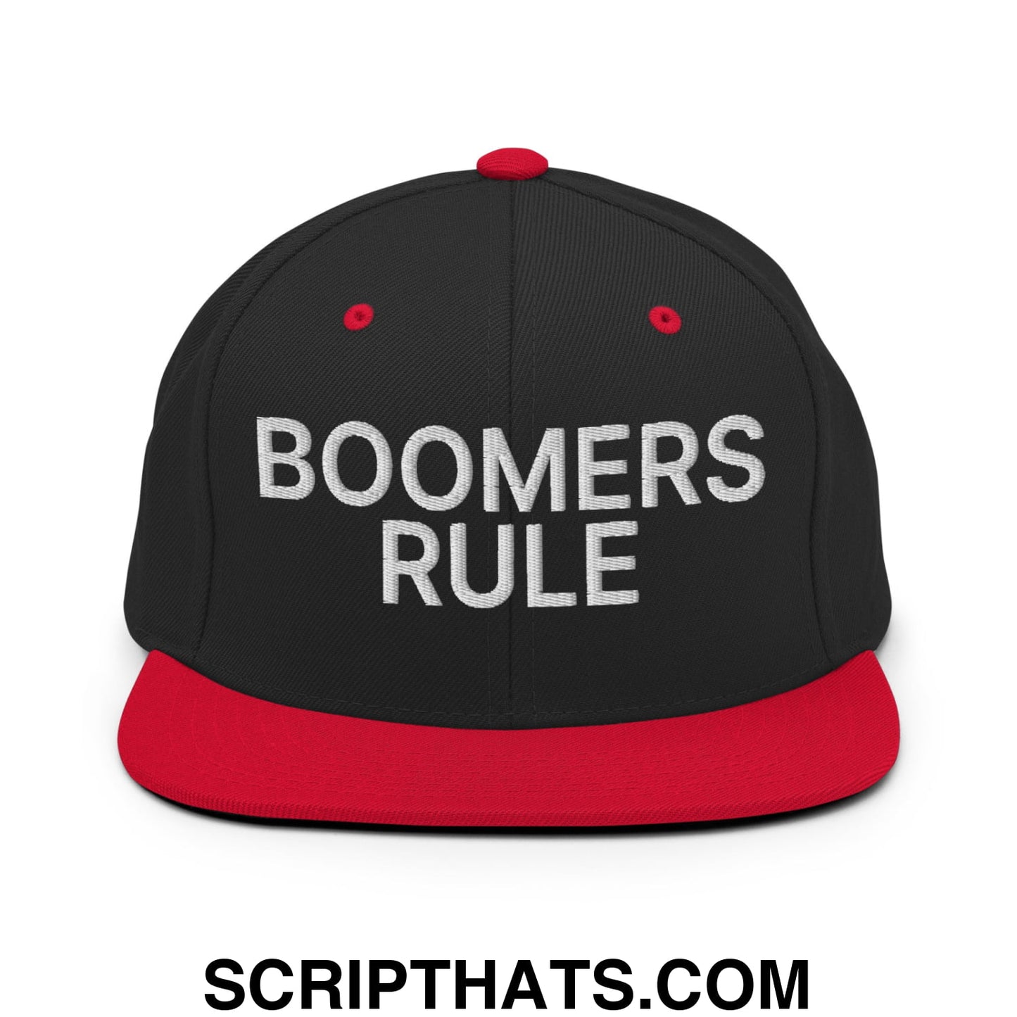 Boomers Rule Embroidered Flat Bill Brim Snapback Hat Black Red