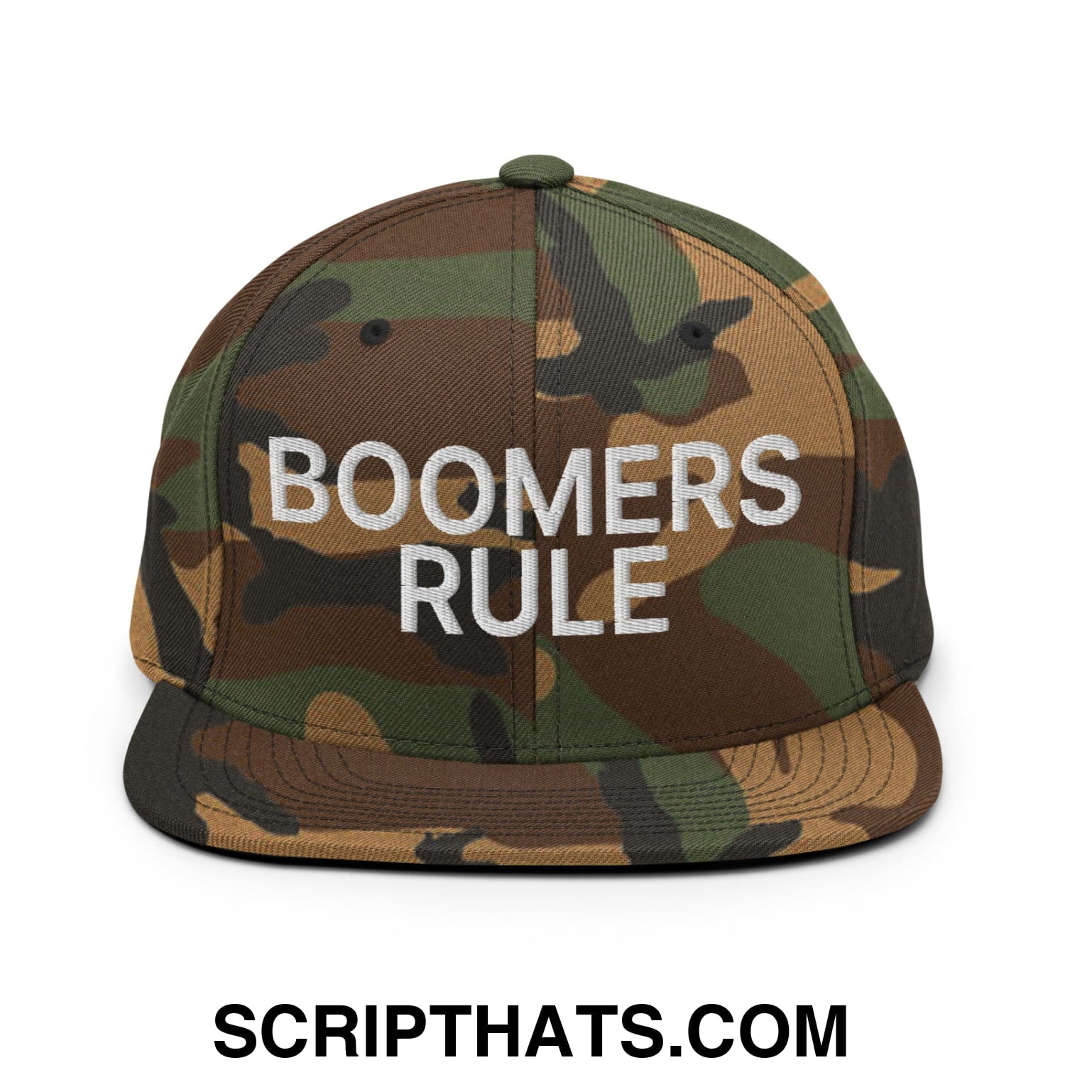 Boomers Rule Embroidered Flat Bill Brim Snapback Hat Green Camo