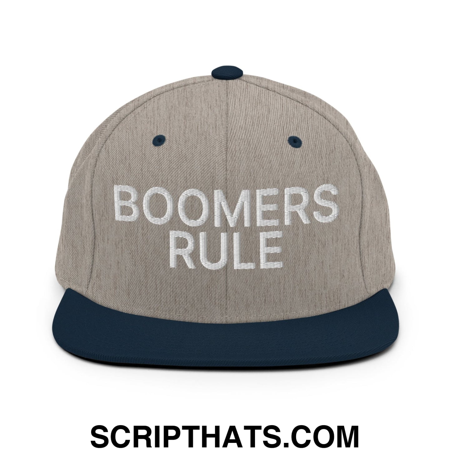 Boomers Rule Embroidered Flat Bill Brim Snapback Hat Heather Grey Navy