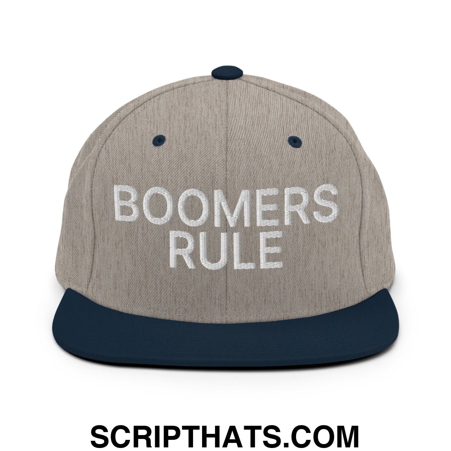 Boomers Rule Embroidered Flat Bill Brim Snapback Hat Heather Grey Navy