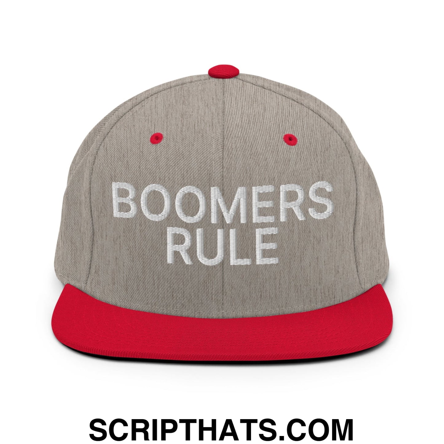 Boomers Rule Embroidered Flat Bill Brim Snapback Hat Heather Grey Red