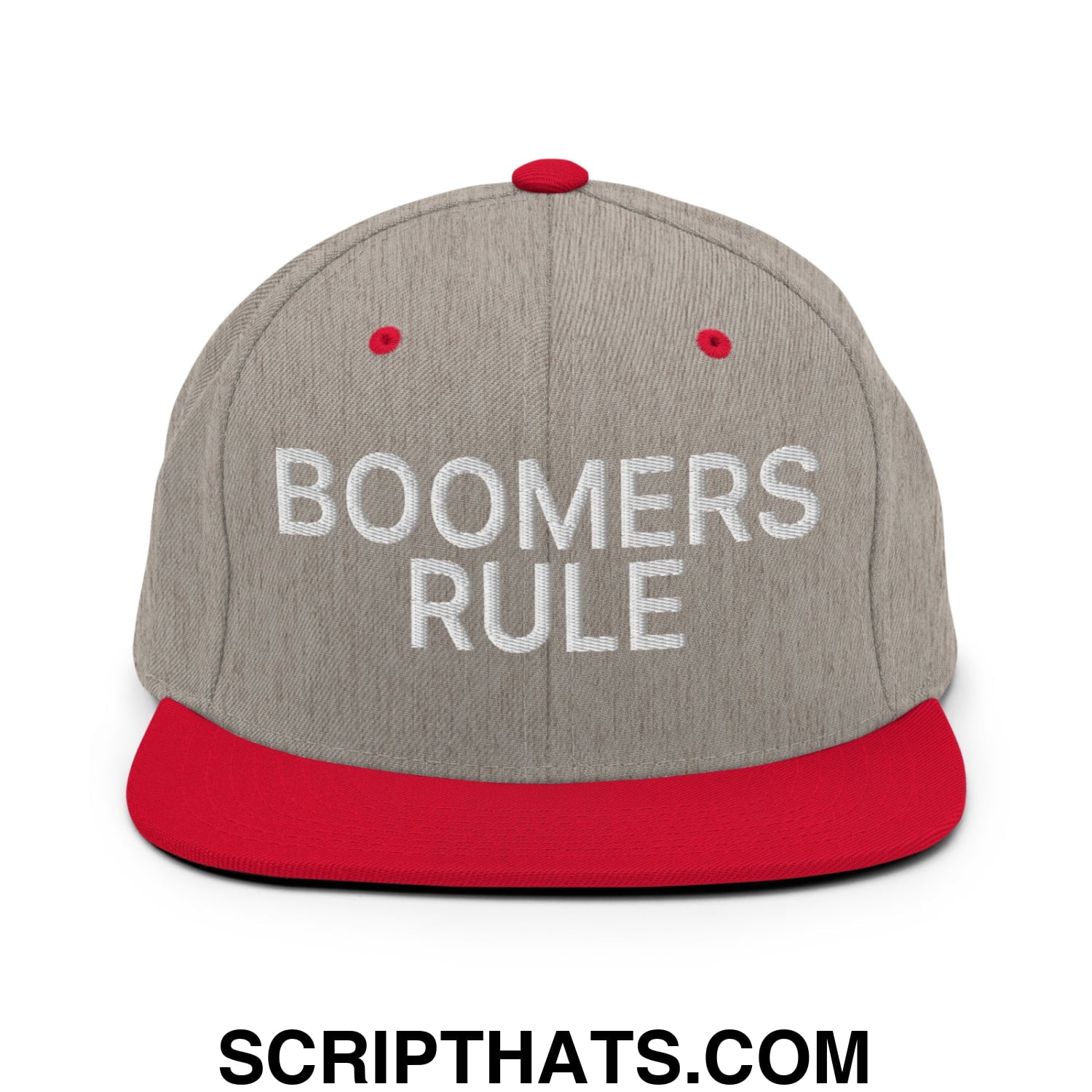 Boomers Rule Embroidered Flat Bill Brim Snapback Hat Heather Grey Red