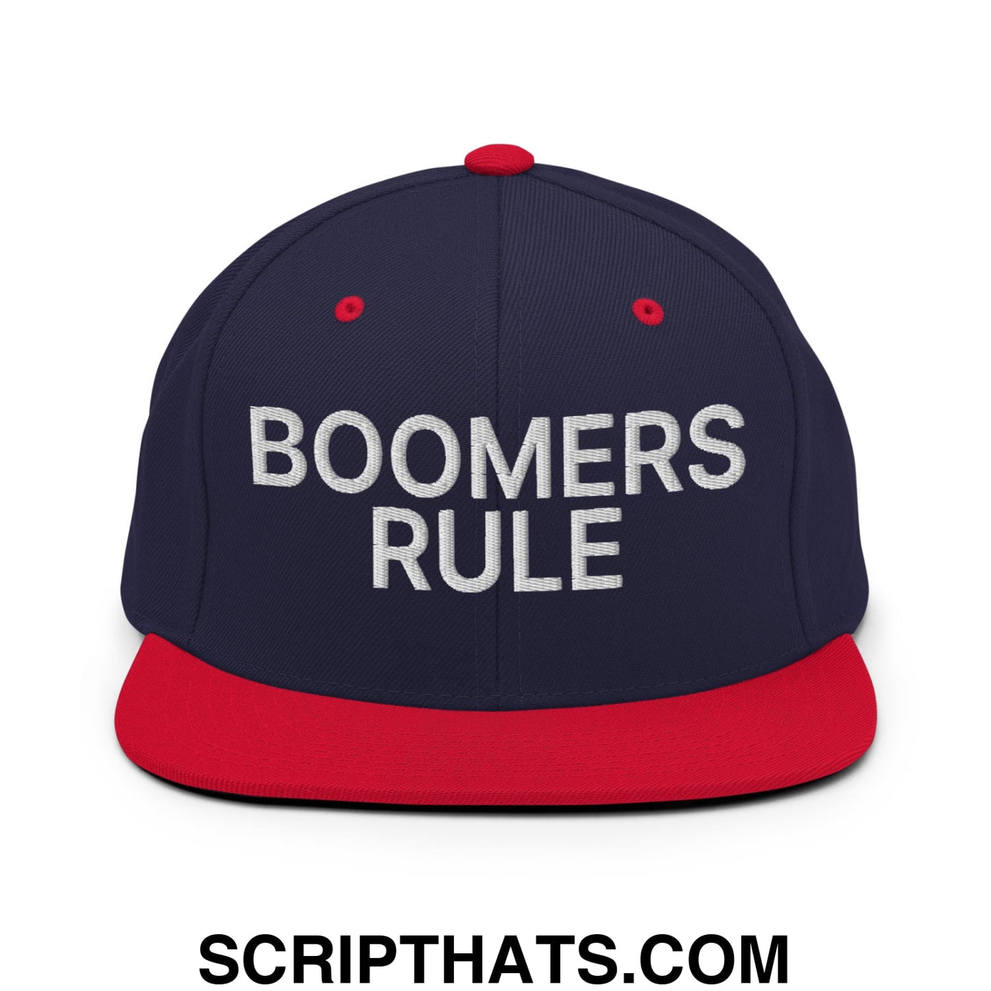 Boomers Rule Embroidered Flat Bill Brim Snapback Hat Navy Red