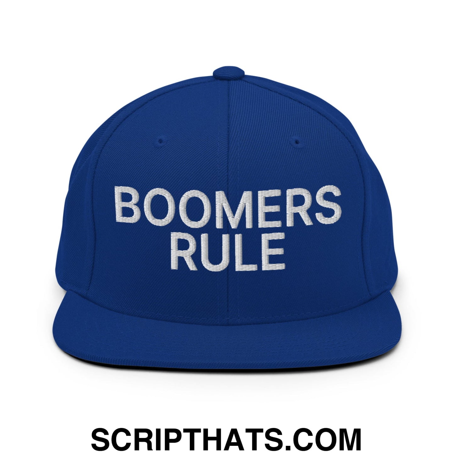 Boomers Rule Embroidered Flat Bill Brim Snapback Hat Royal Blue