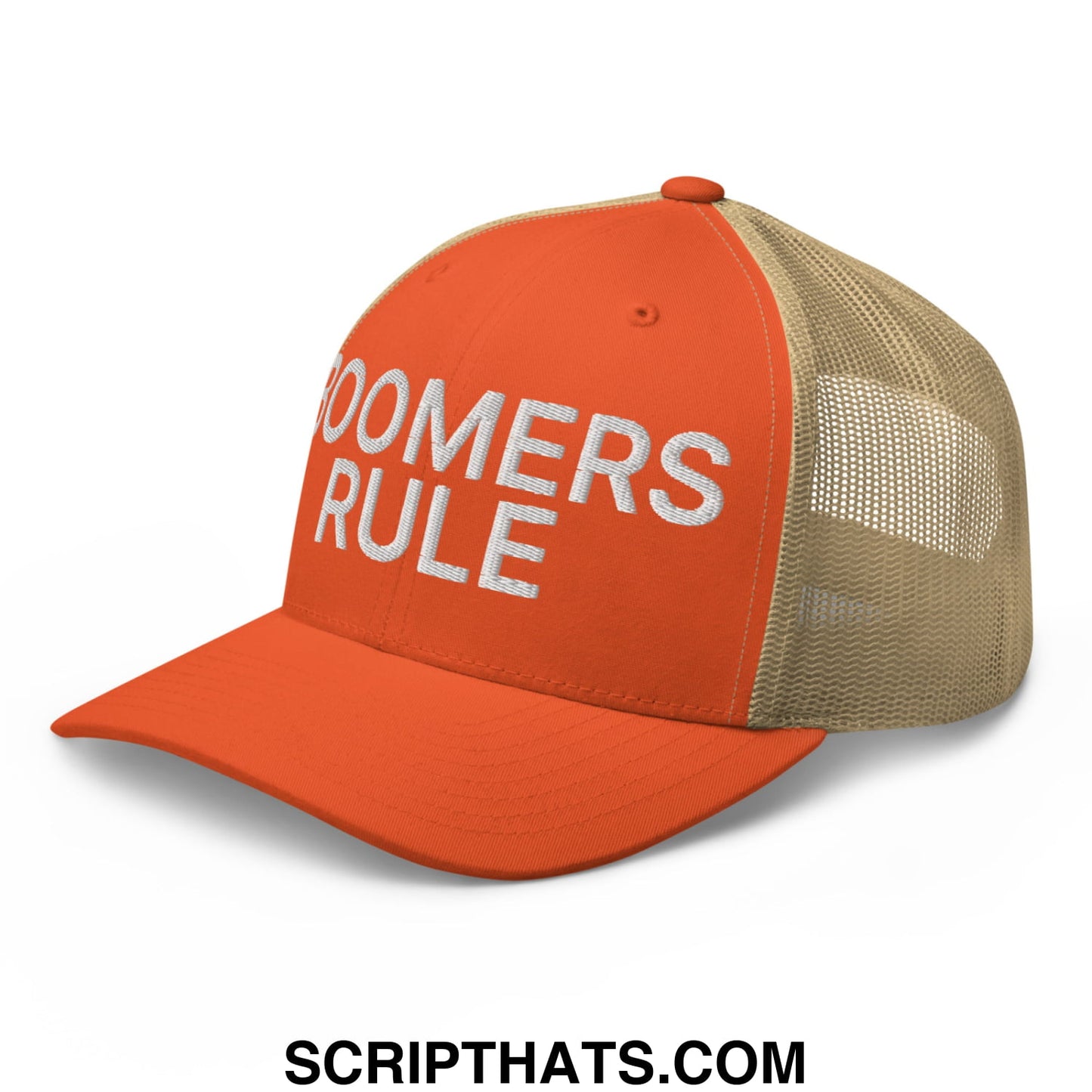 Boomers Rule Embroidered Mesh Trucker Hat Rustic Orange Khaki