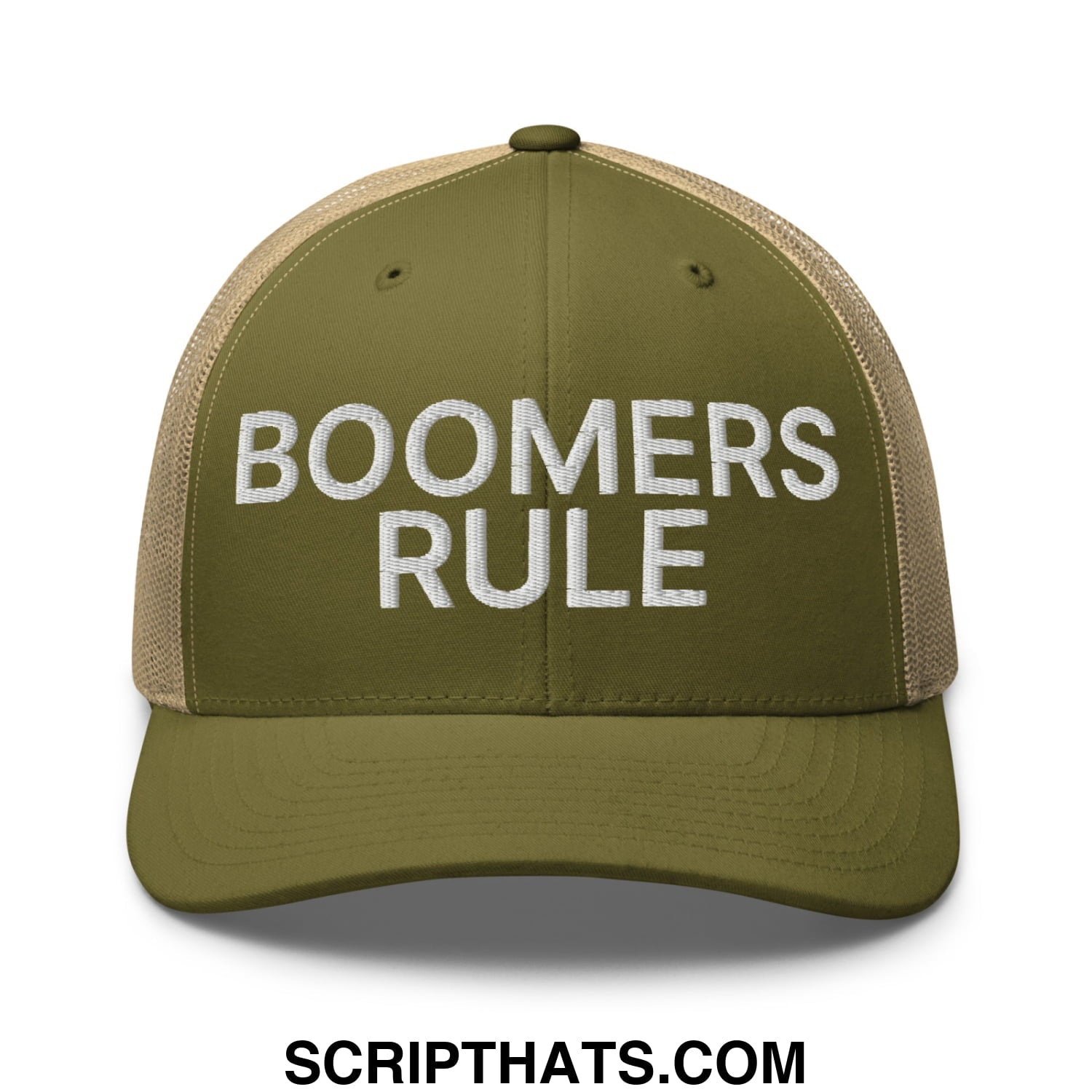 Boomers Rule Embroidered Mesh Trucker Hat Moss Khaki