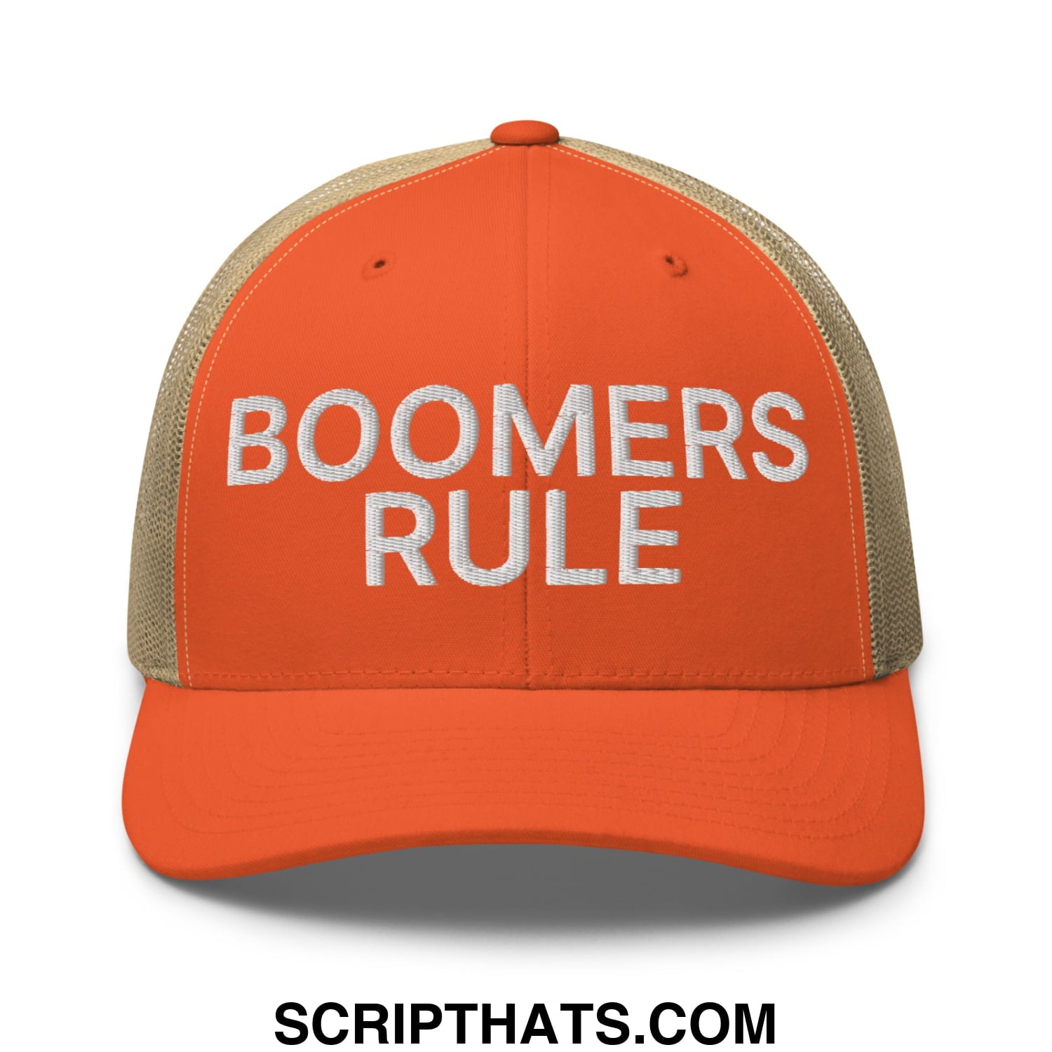 Boomers Rule Embroidered Mesh Trucker Hat Rustic Orange Khaki
