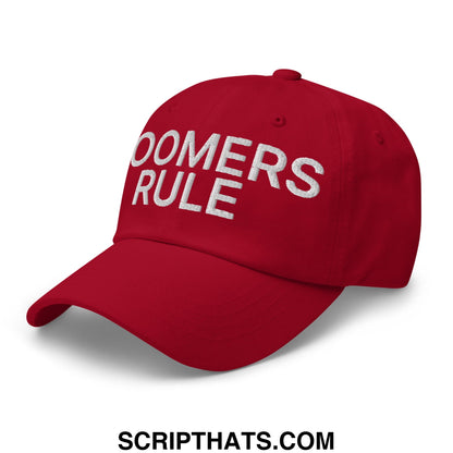 Red unstructured dad hat with white embroidered boomers rule text perfect for casual wear and sun protection