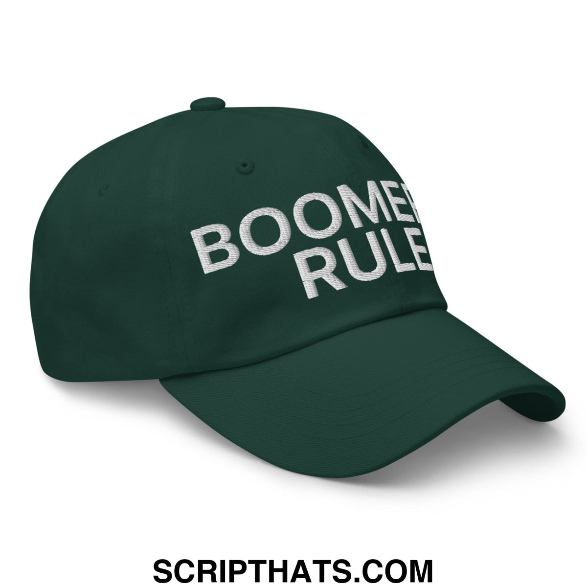Dark green unstructured dad hat with white embroidered boomer rule text perfect for casual wear