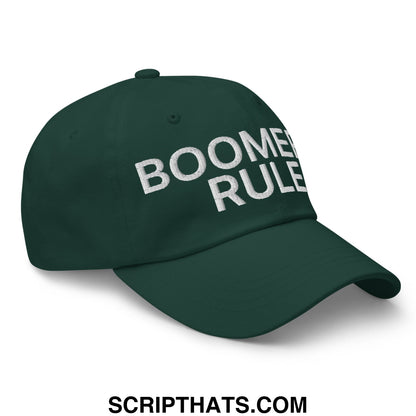 Dark green unstructured dad hat with white embroidered boomer rule text perfect for casual wear