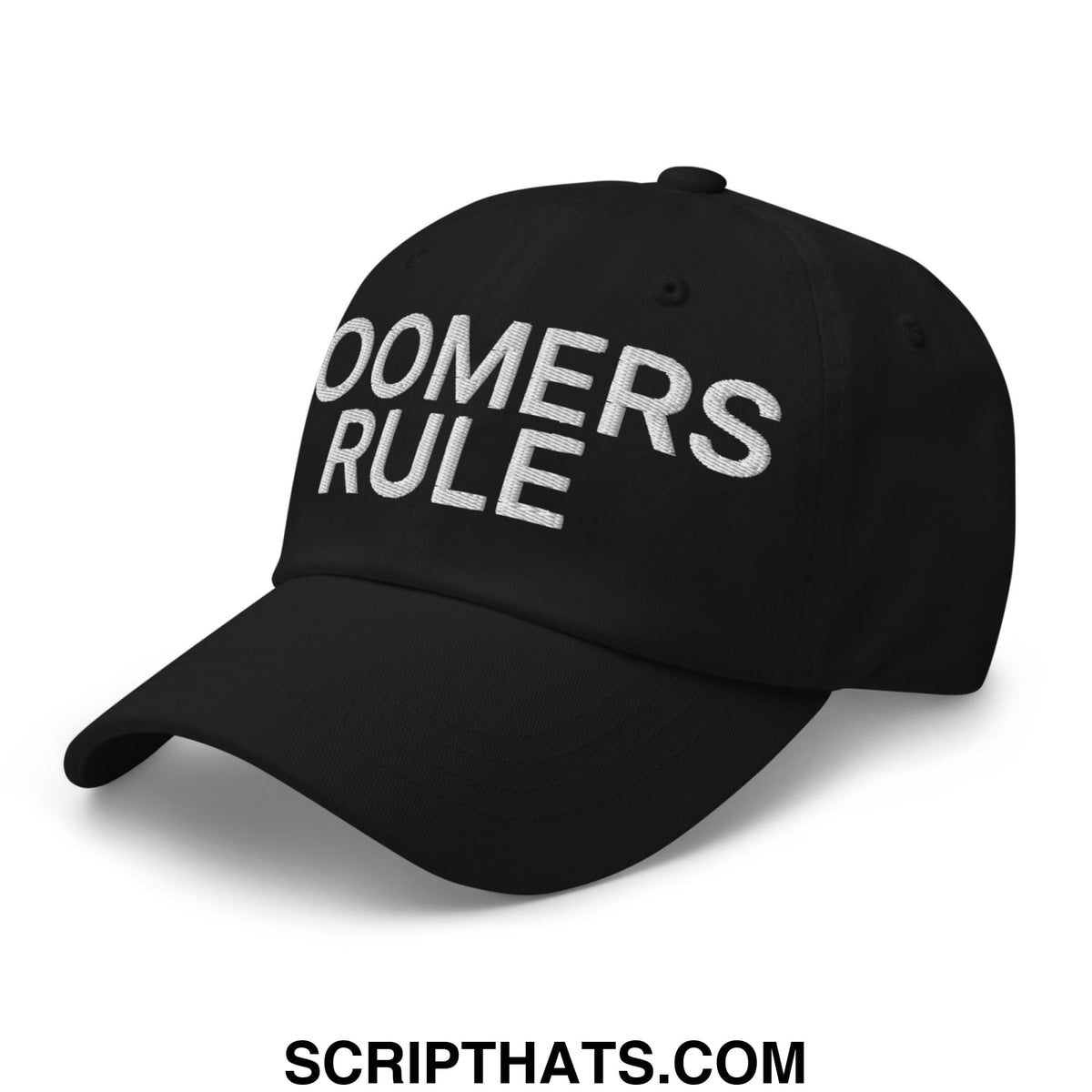 Black unstructured dad hat with boomers rule embroidered in white thread across the front panel