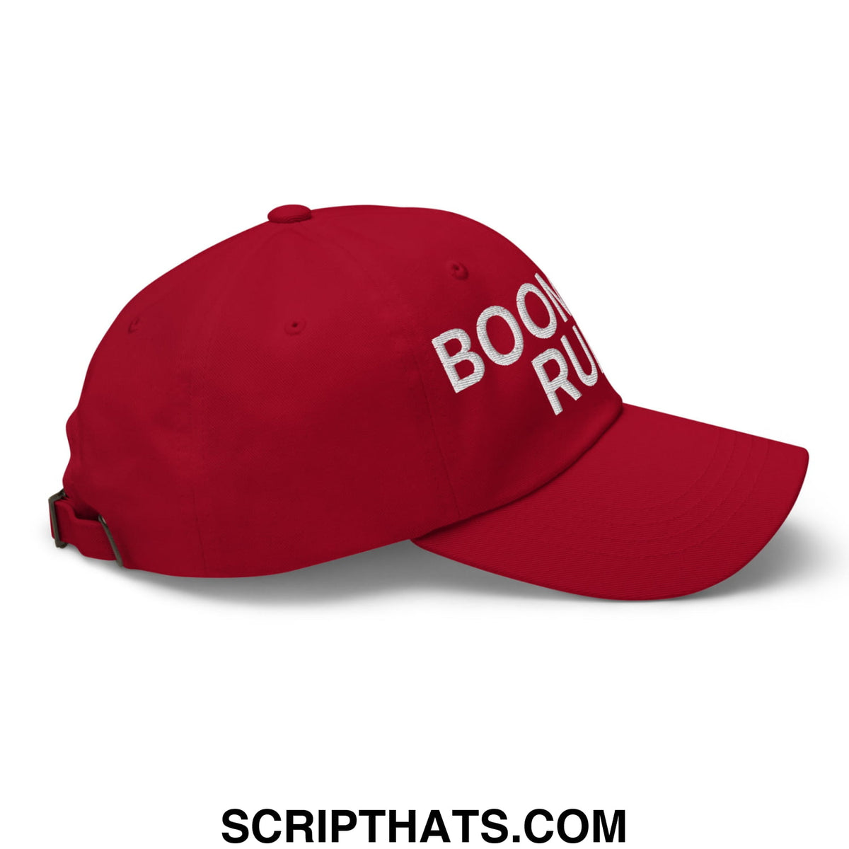 Red unstructured dad hat with white embroidered boom run text in a casual baseball cap style