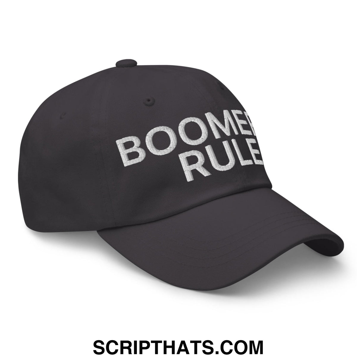 Black unstructured dad hat with white embroidered boomer rule text ideal for casual wear and sun protection