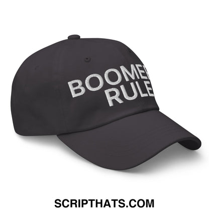 Black unstructured dad hat with white embroidered boomer rule text ideal for casual wear and sun protection