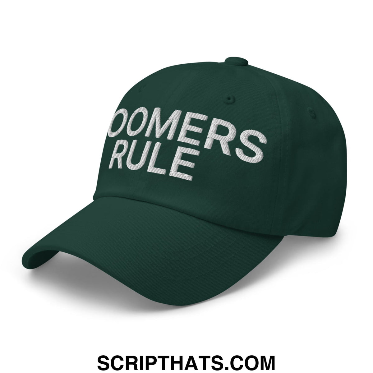 Dark green unstructured dad hat with boomers rule embroidered in white ideal for casual wear