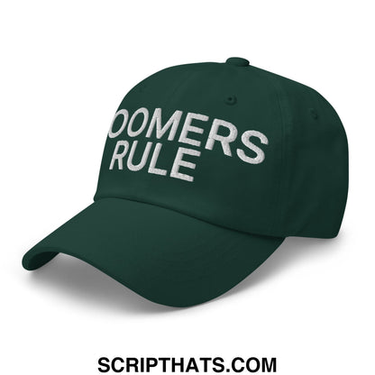 Dark green unstructured dad hat with boomers rule embroidered in white ideal for casual wear