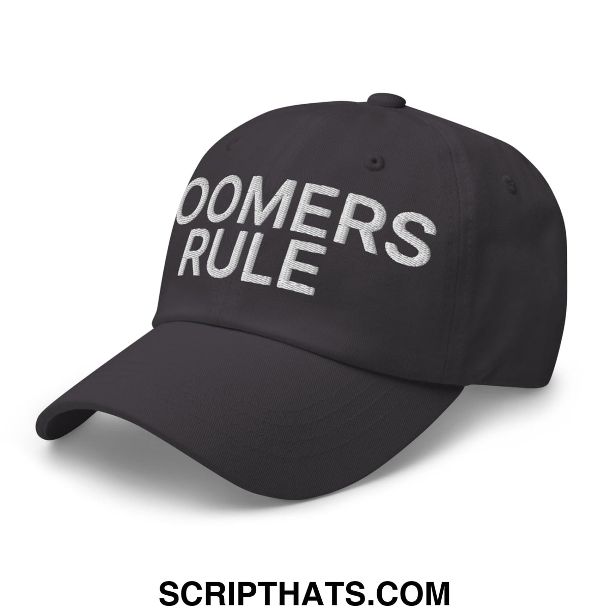 Black unstructured dad hat with boomers rule embroidered in white for casual everyday wear