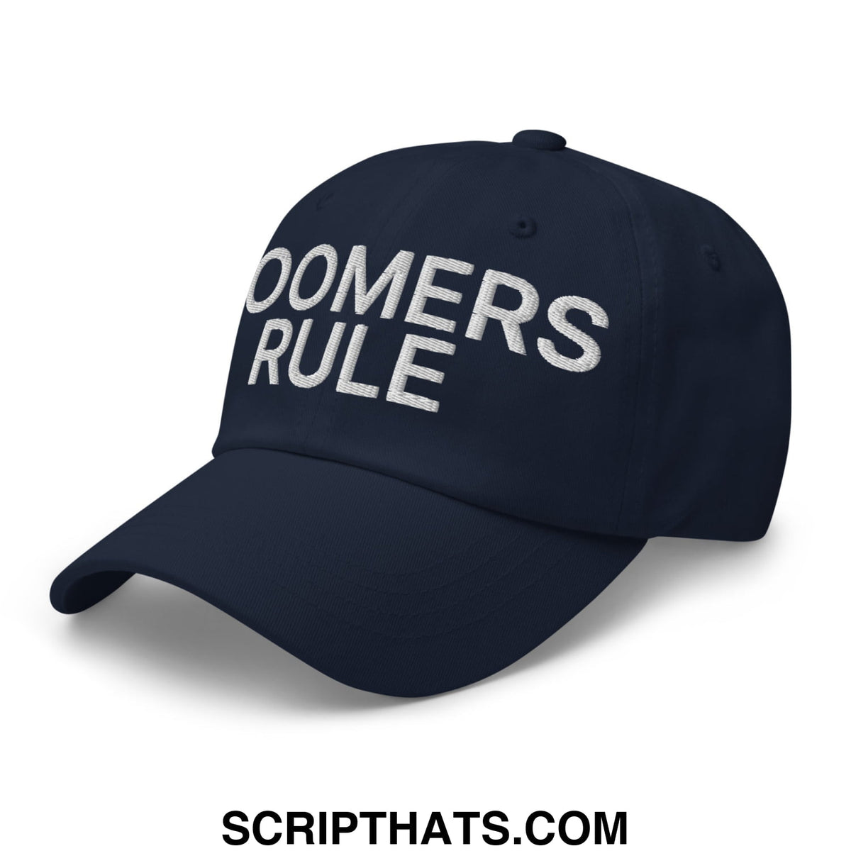 Navy blue unstructured dad hat with boomers rule embroidered in white thread across the front