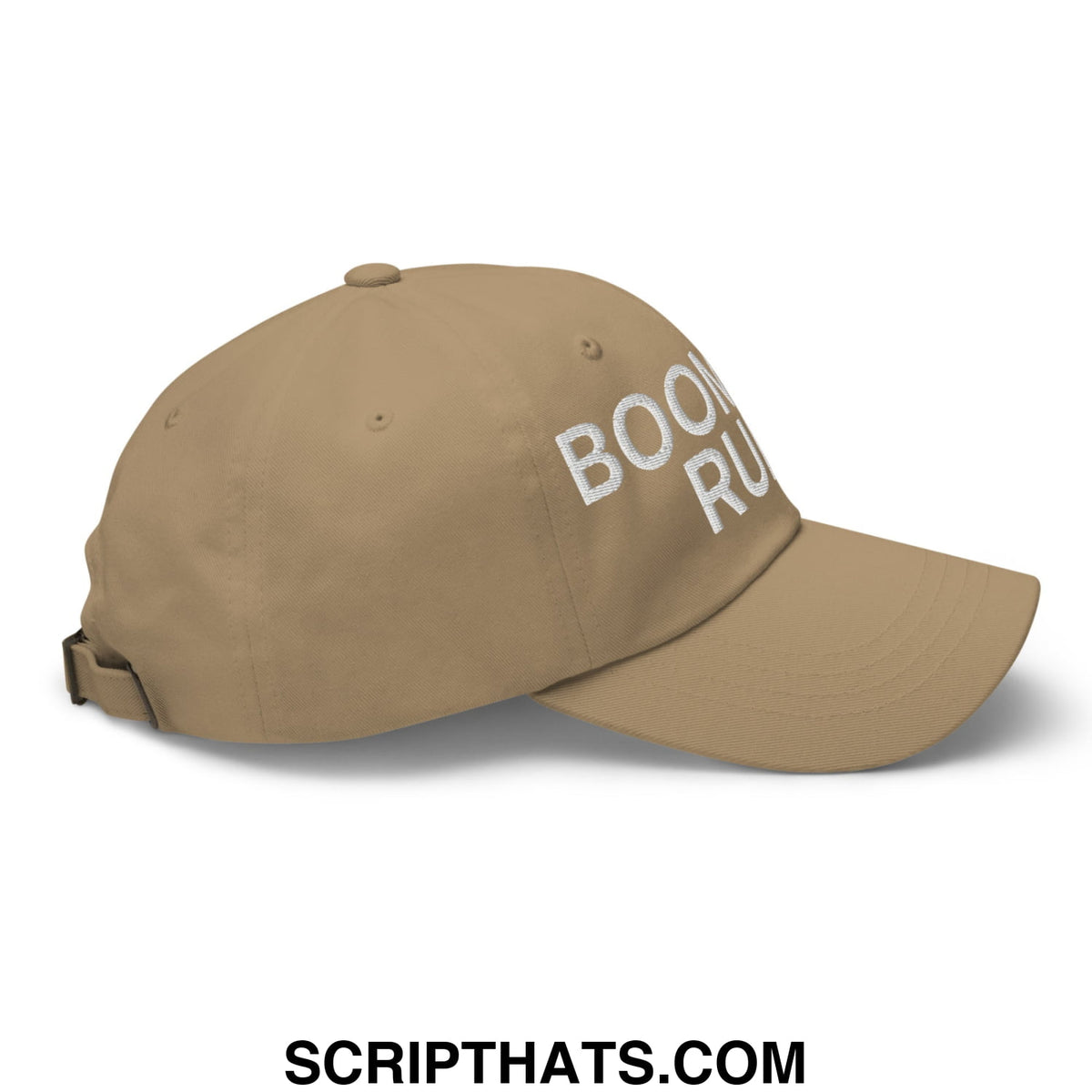 Tan unstructured dad hat with white embroidered boom run text from boomers rule collection