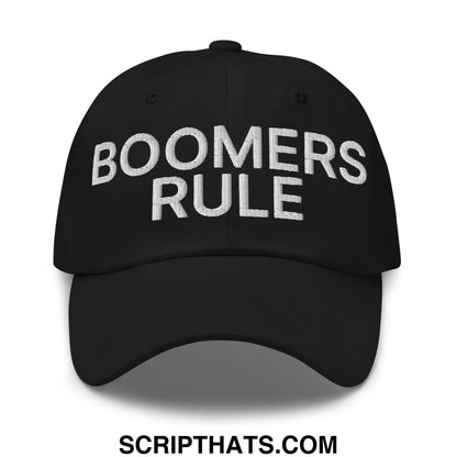 Black embroidered unstructured dad hat with boomers rule front design for casual and everyday wear